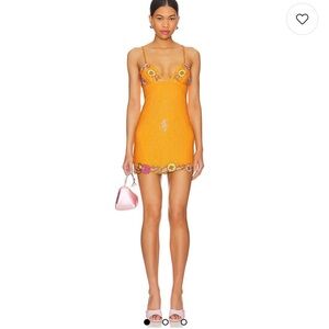 MAJORELLE Orange Crochet Floral-Trim Mini Dress